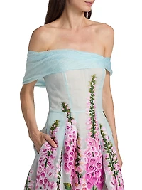 Foxgloves-Embroidered Organza Off-the-Shoulder Tea-Length Dress