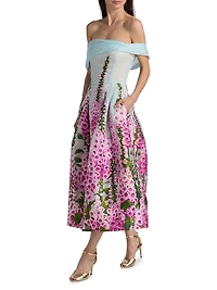 Foxgloves-Embroidered Organza Off-the-Shoulder Tea-Length Dress