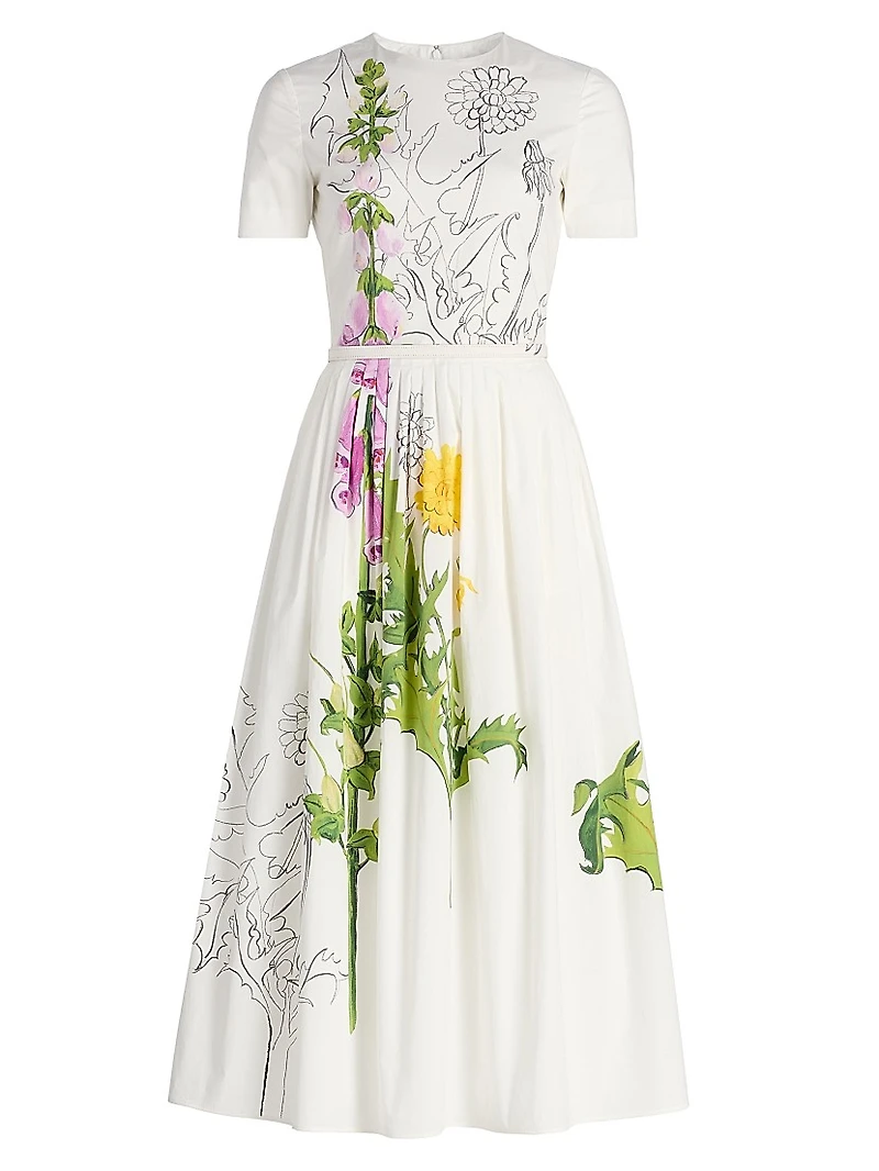 Foxgloves & Dandelion Stretch-Cotton Poplin Midi-Dress