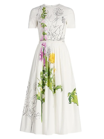 Foxgloves & Dandelion Stretch-Cotton Poplin Midi-Dress