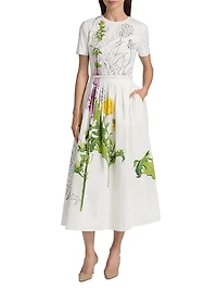 Foxgloves & Dandelion Stretch-Cotton Poplin Midi-Dress