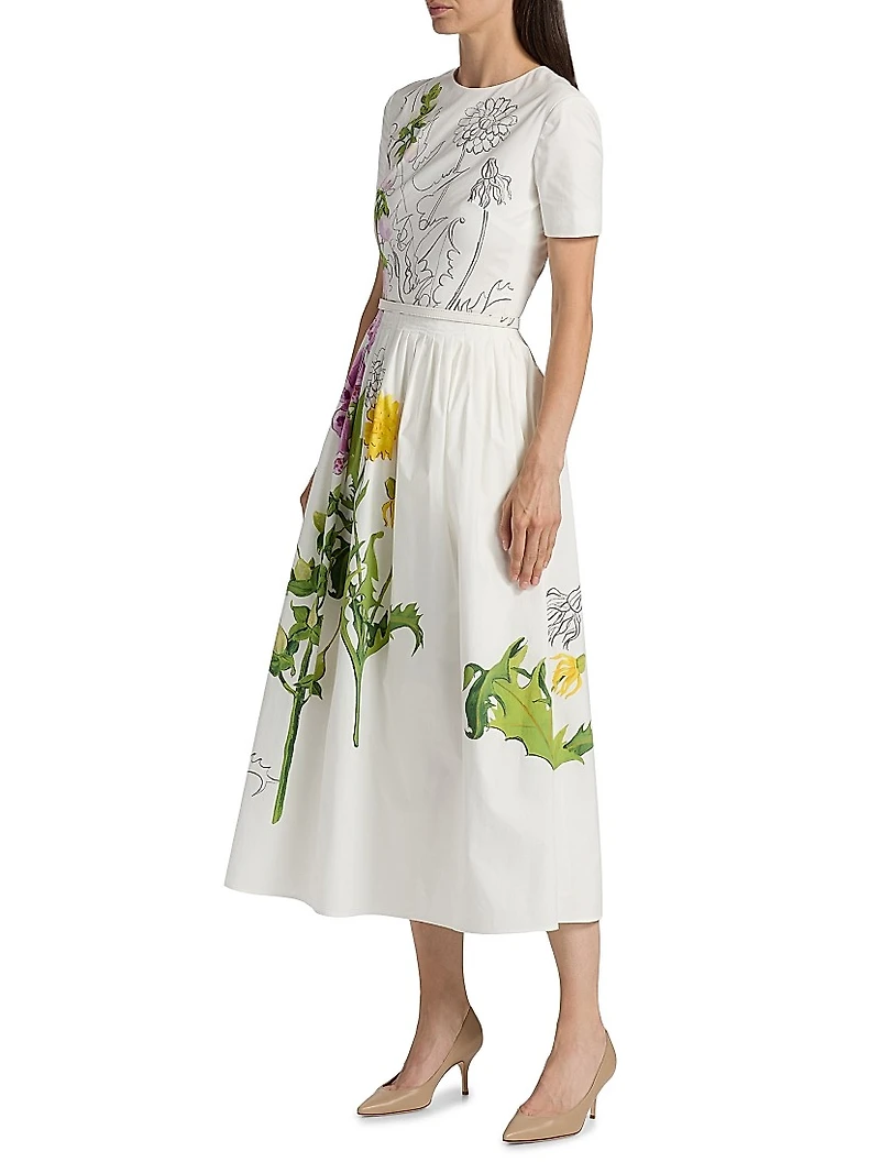 Foxgloves & Dandelion Stretch-Cotton Poplin Midi-Dress