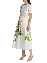 Foxgloves & Dandelion Stretch-Cotton Poplin Midi-Dress