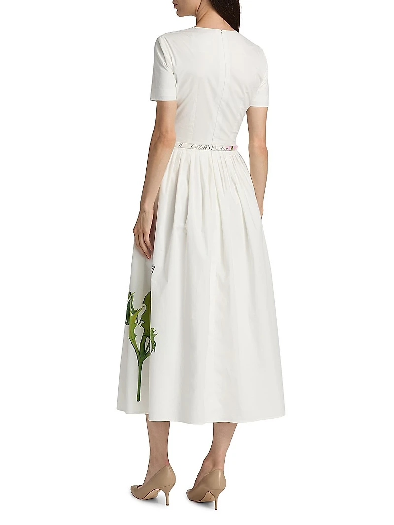 Foxgloves & Dandelion Stretch-Cotton Poplin Midi-Dress
