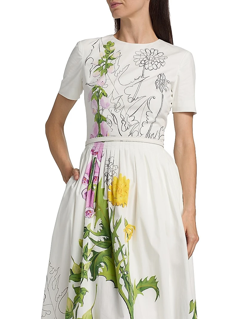 Foxgloves & Dandelion Stretch-Cotton Poplin Midi-Dress