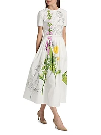 Foxgloves & Dandelion Stretch-Cotton Poplin Midi-Dress