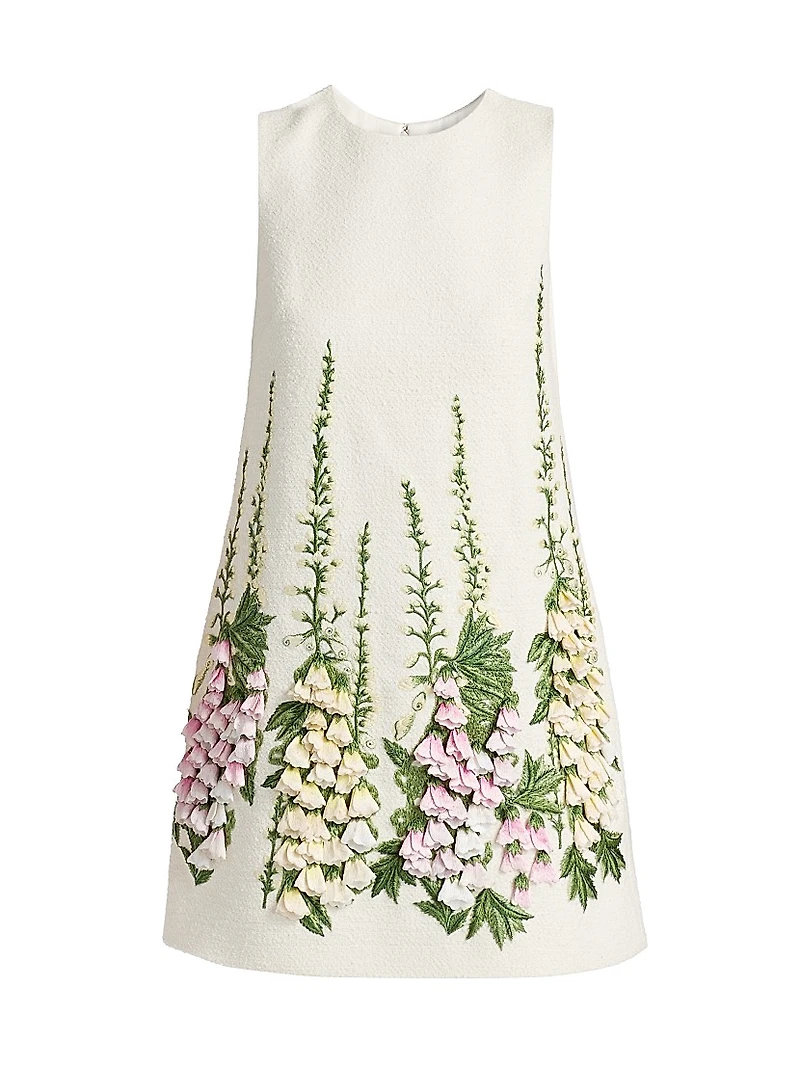 Foxglove-Embroidered Tweed Shift Minidress