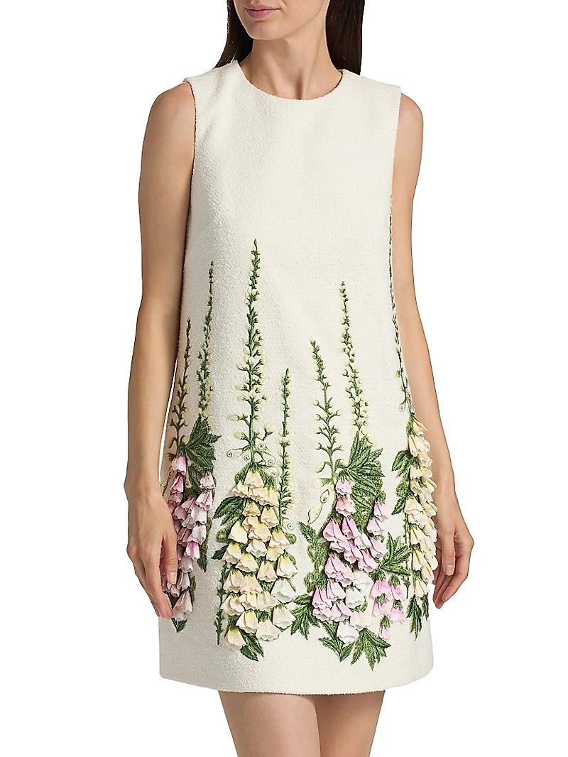 Foxglove-Embroidered Tweed Shift Minidress