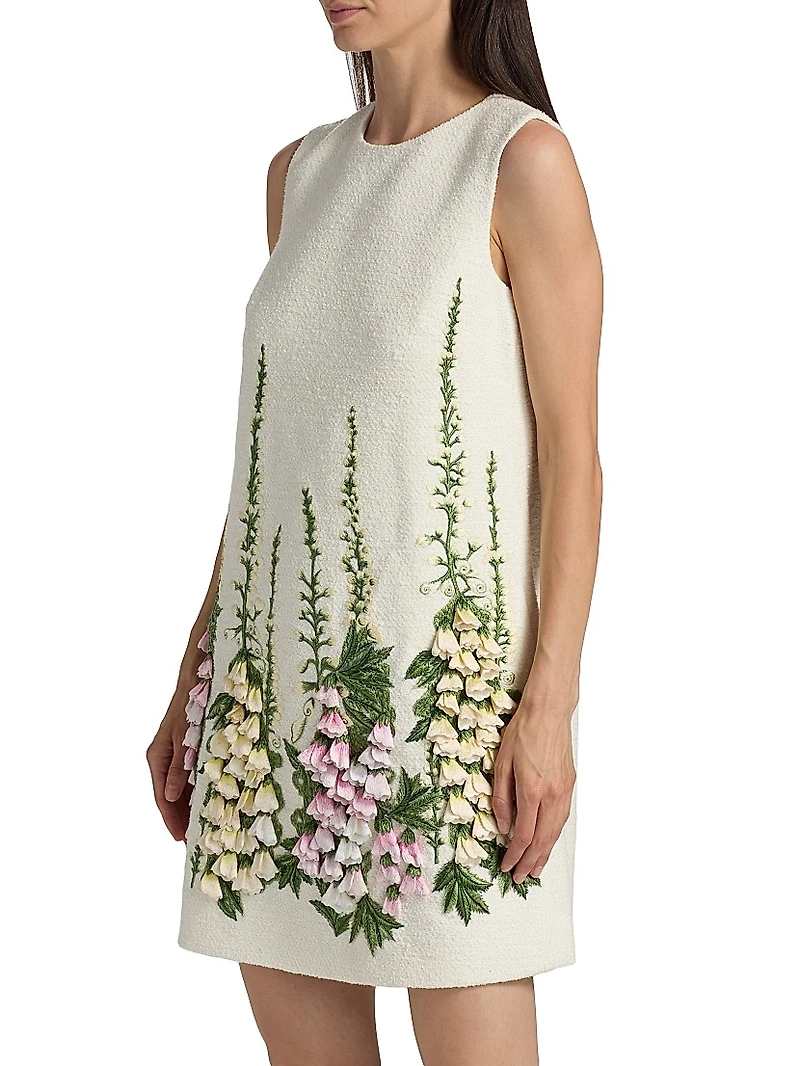 Foxglove-Embroidered Tweed Shift Minidress