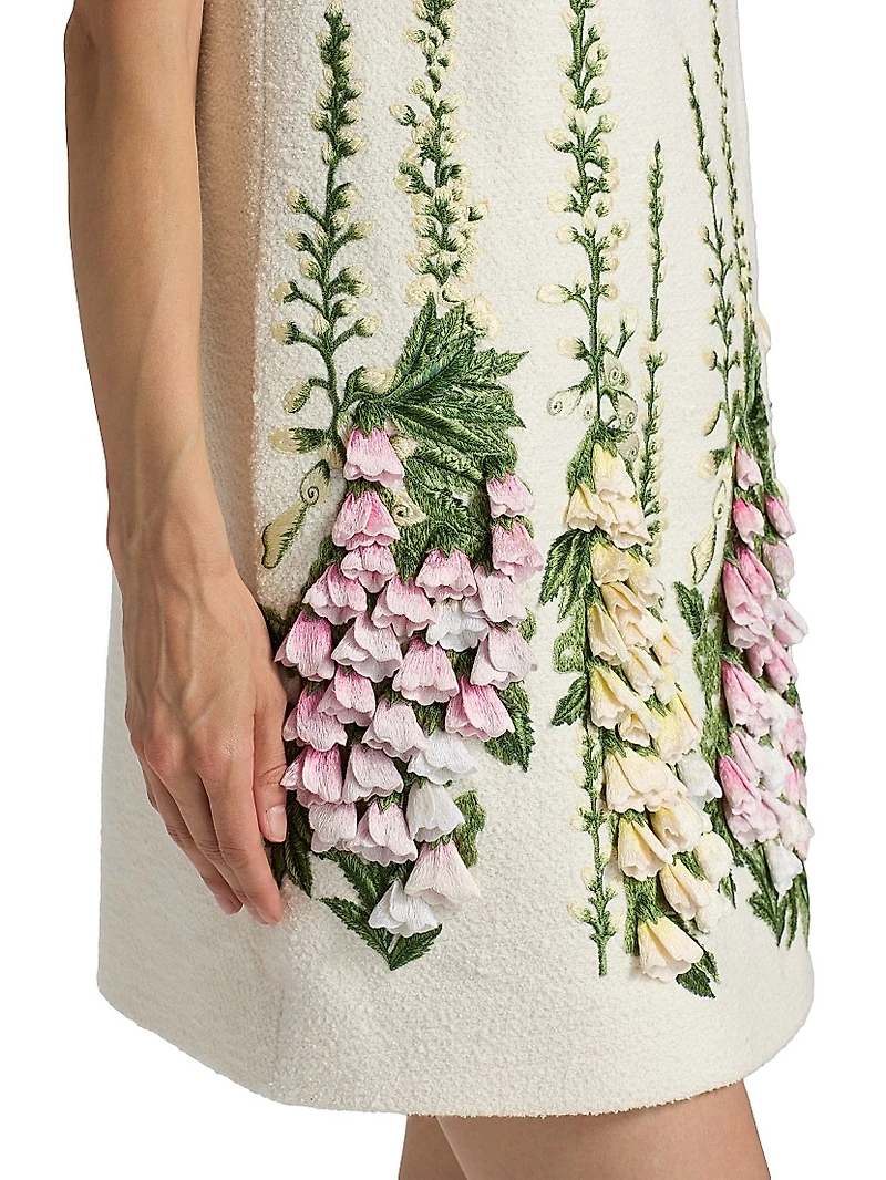 Foxglove-Embroidered Tweed Shift Minidress