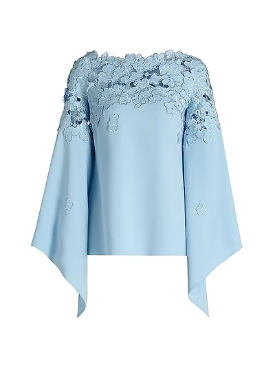 Floral-Embroidered Stretch-Silk Cape-Sleeve Blouse