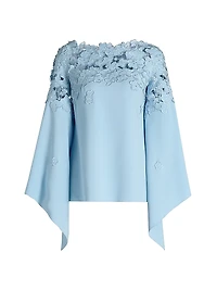 Floral-Embroidered Stretch-Silk Cape-Sleeve Blouse