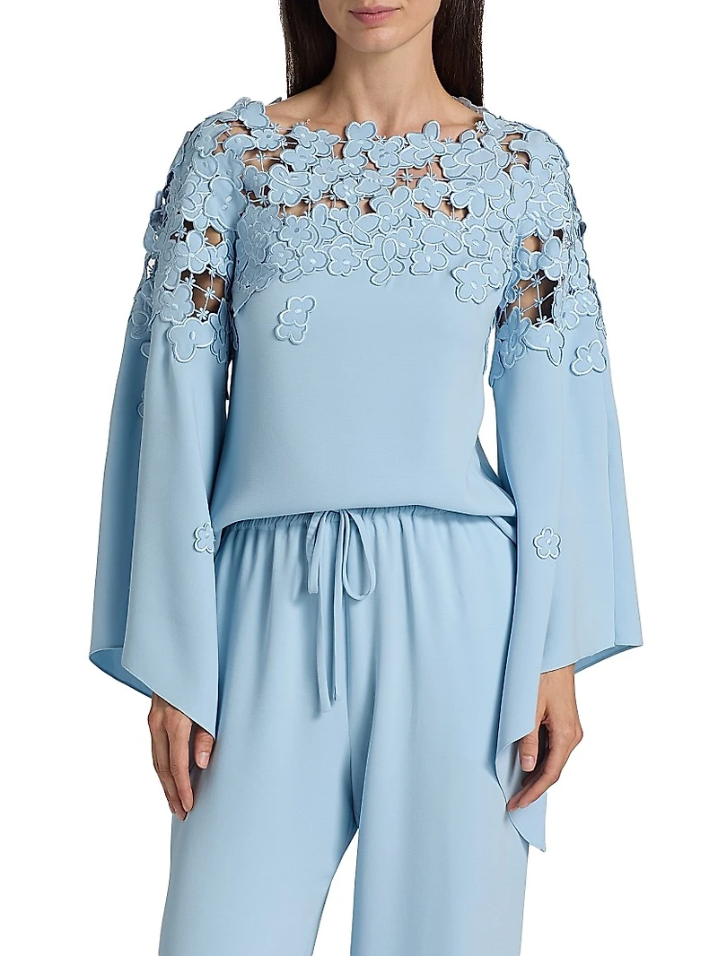Floral-Embroidered Stretch-Silk Cape-Sleeve Blouse