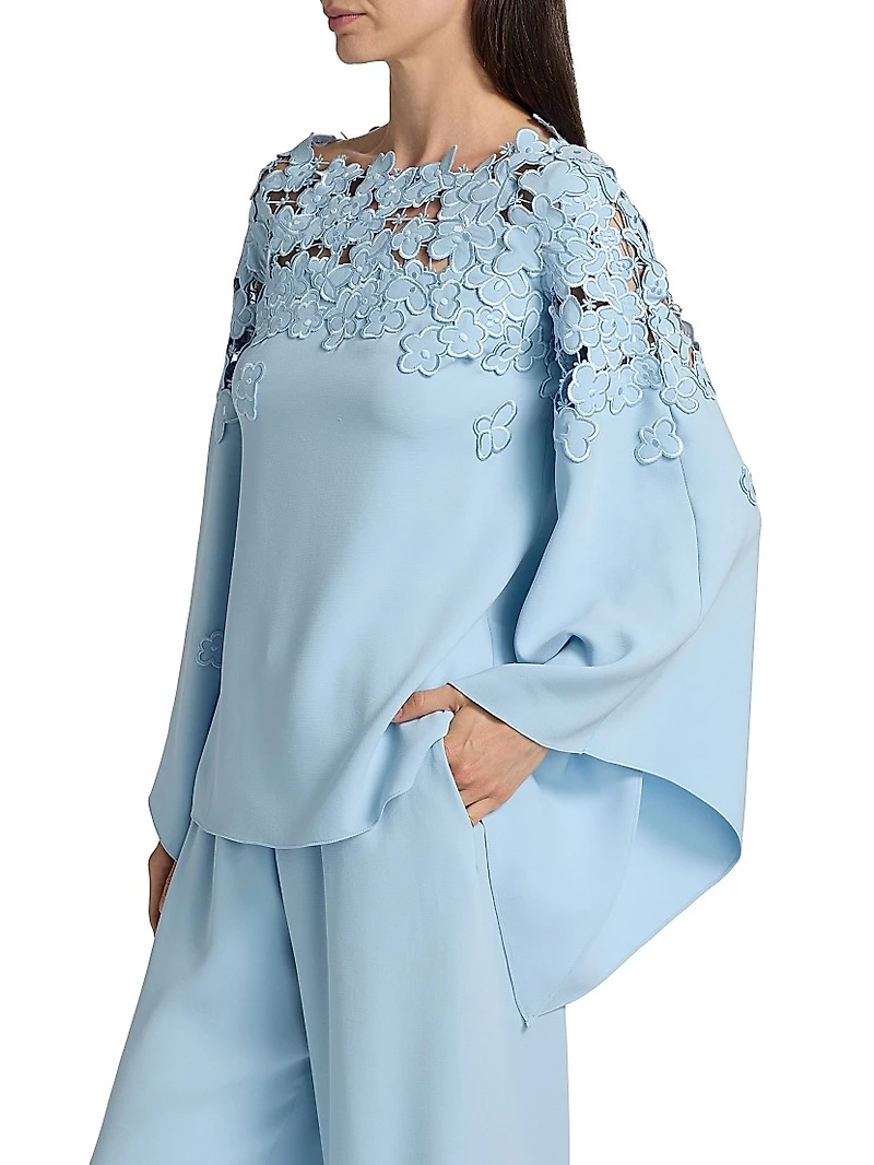 Floral-Embroidered Stretch-Silk Cape-Sleeve Blouse