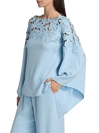 Floral-Embroidered Stretch-Silk Cape-Sleeve Blouse