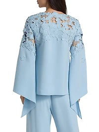 Floral-Embroidered Stretch-Silk Cape-Sleeve Blouse