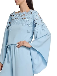 Floral-Embroidered Stretch-Silk Cape-Sleeve Blouse