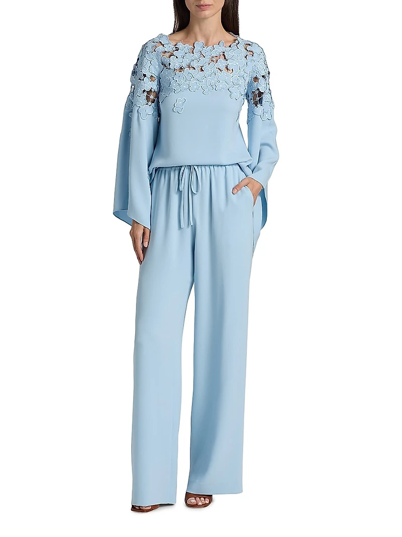 Floral-Embroidered Stretch-Silk Cape-Sleeve Blouse