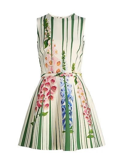 Pleated Tromp L'oeil Foxgloves-Print Minidress