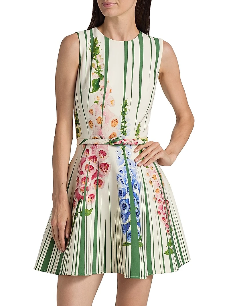 Pleated Foxgloves-Print Minidress