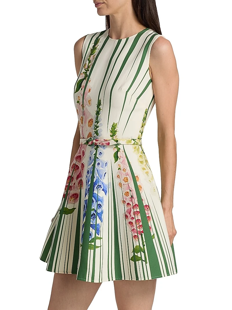 Pleated Foxgloves-Print Minidress