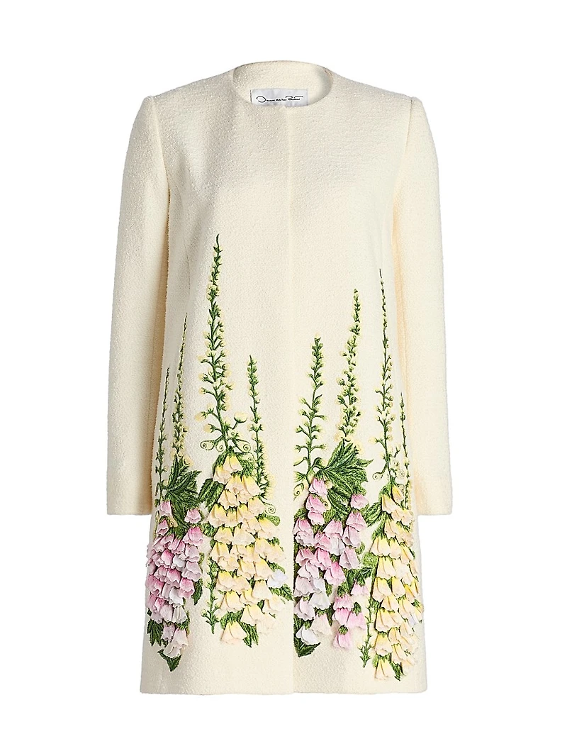 Foxglove-Embroidered Tweed Coat