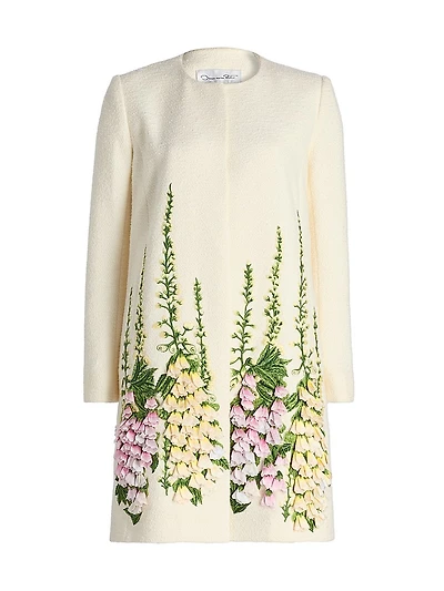 Foxglove-Embroidered Tweed Coat