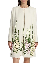 Foxglove-Embroidered Tweed Coat