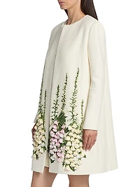 Foxglove-Embroidered Tweed Coat