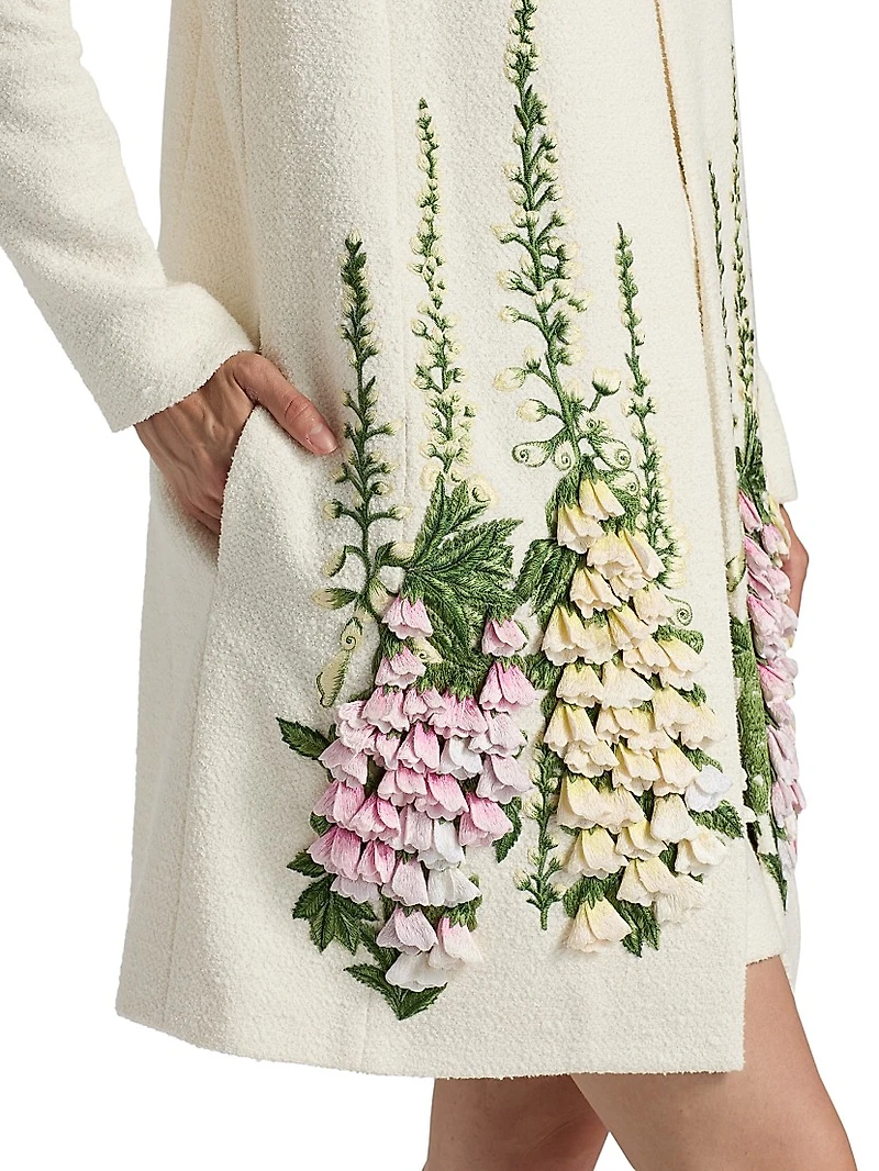 Foxglove-Embroidered Tweed Coat