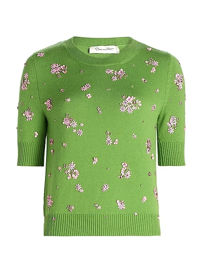 Embellished Floral Cluster-Embroidered Wool Sweater