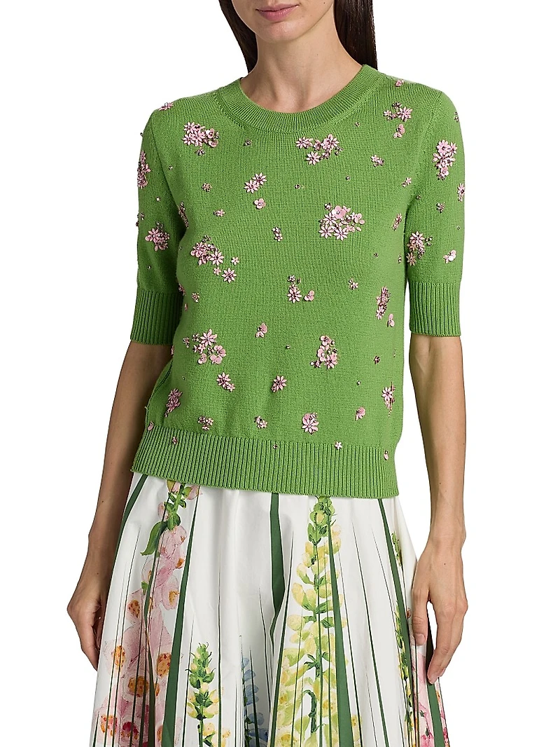 Embellished Floral Cluster-Embroidered Wool Sweater
