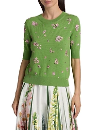 Embellished Floral Cluster-Embroidered Wool Sweater