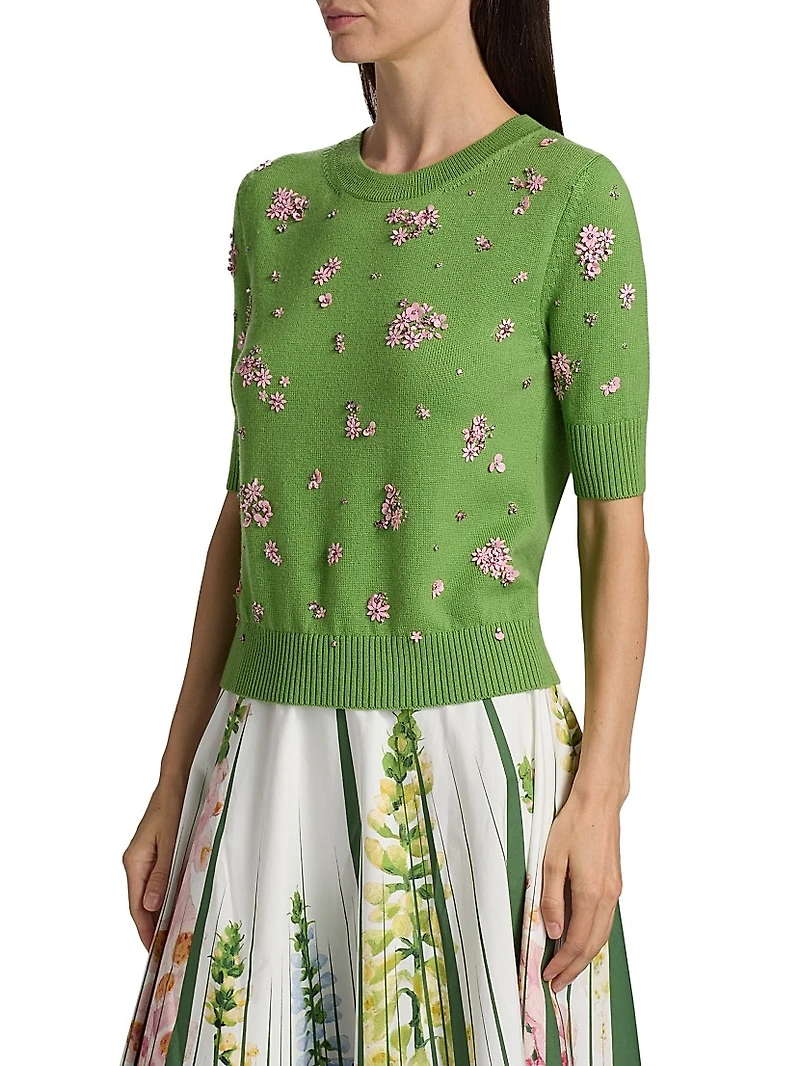Embellished Floral Cluster-Embroidered Wool Sweater