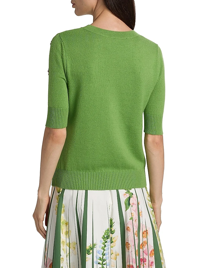 Embellished Floral Cluster-Embroidered Wool Sweater