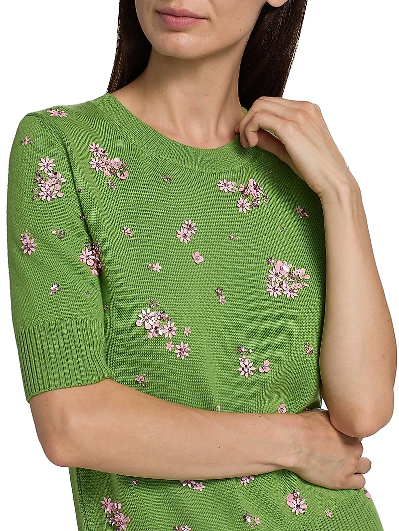 Embellished Floral Cluster-Embroidered Wool Sweater