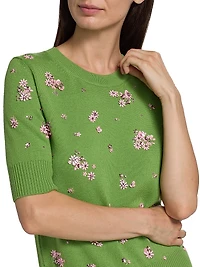 Embellished Floral Cluster-Embroidered Wool Sweater