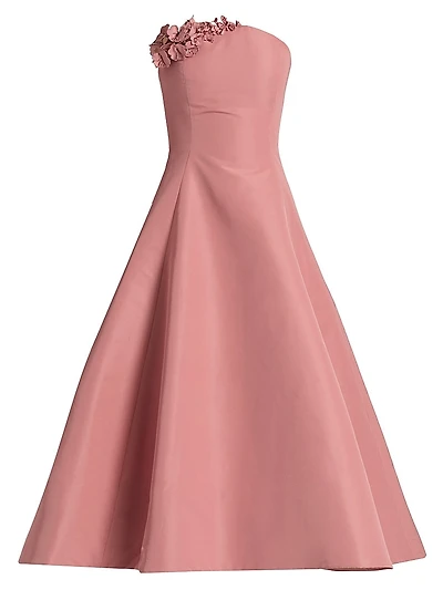 Floral Appliqué Faille Strapless Cocktail Dress