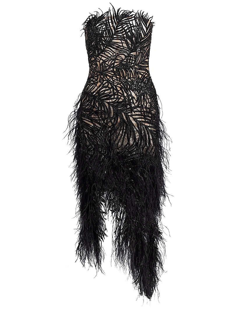 Embroidered Feather Strapless Cocktail Dress