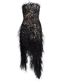 Embroidered Feather Strapless Cocktail Dress