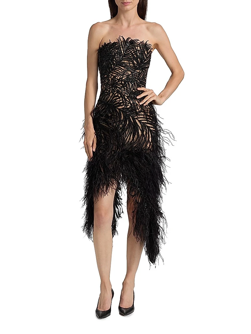 Embroidered Feather Strapless Cocktail Dress
