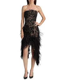 Embroidered Feather Strapless Cocktail Dress