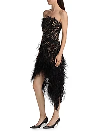 Embroidered Feather Strapless Cocktail Dress
