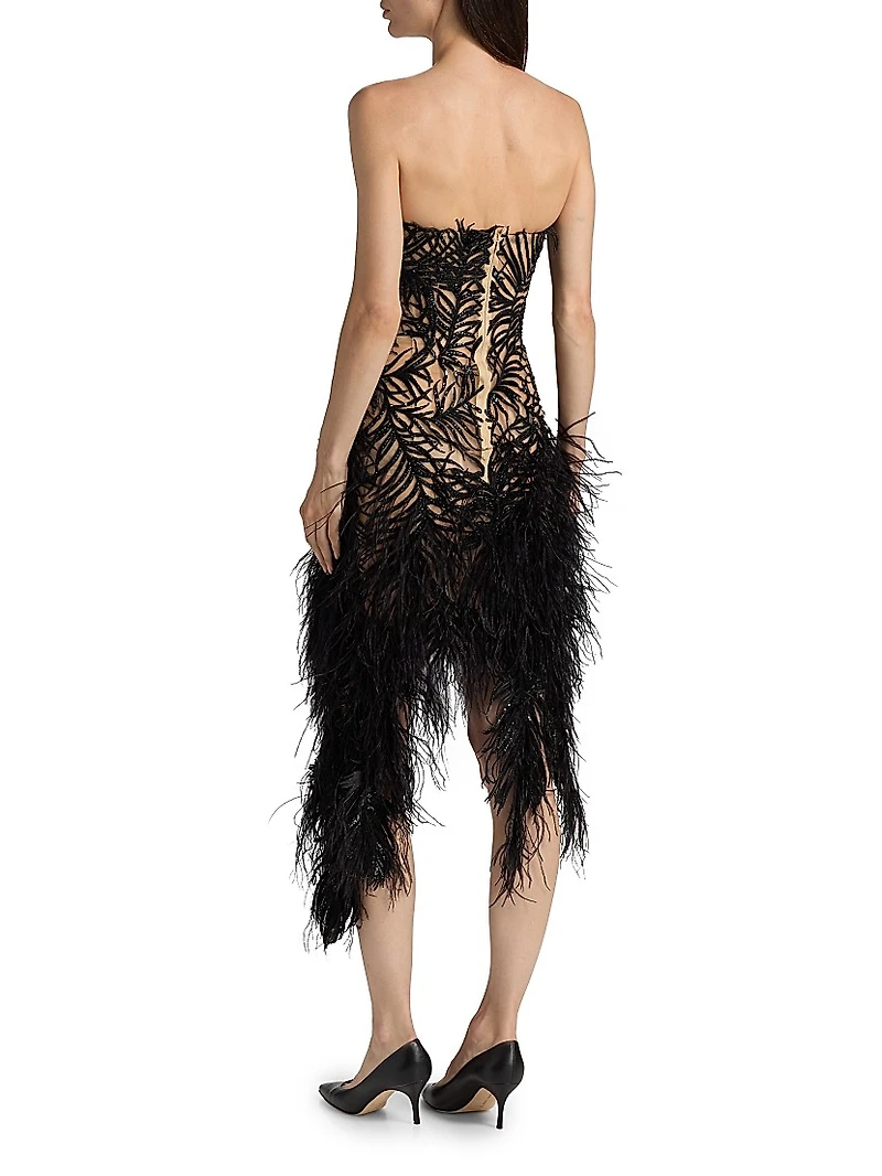 Embroidered Feather Strapless Cocktail Dress