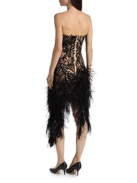 Embroidered Feather Strapless Cocktail Dress
