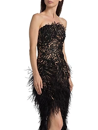 Embroidered Feather Strapless Cocktail Dress
