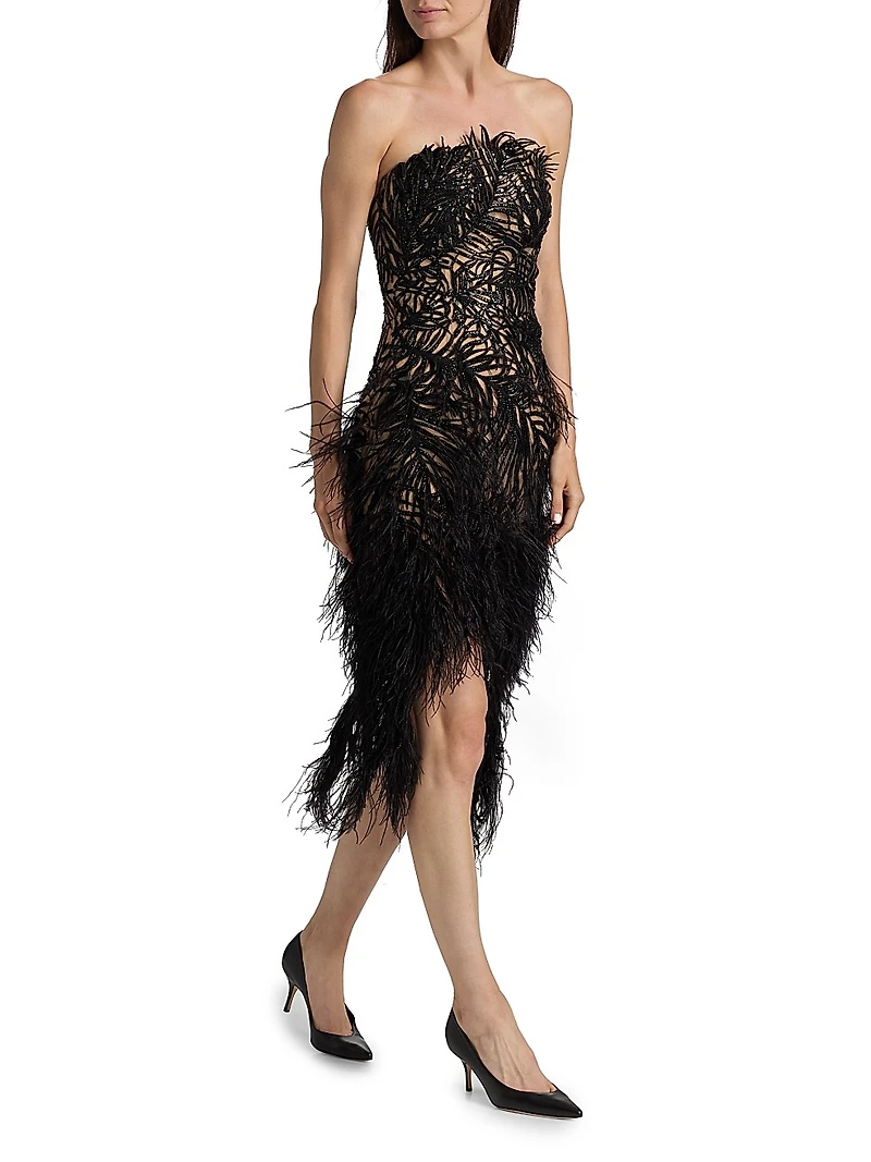 Embroidered Feather Strapless Cocktail Dress