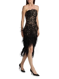 Embroidered Feather Strapless Cocktail Dress