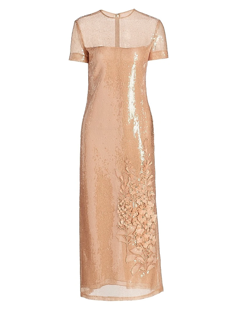 Floral Appliqué Sequined Short-Sleeve Cocktail Dress