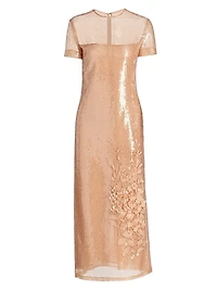 Floral Appliqué Sequined Short-Sleeve Cocktail Dress